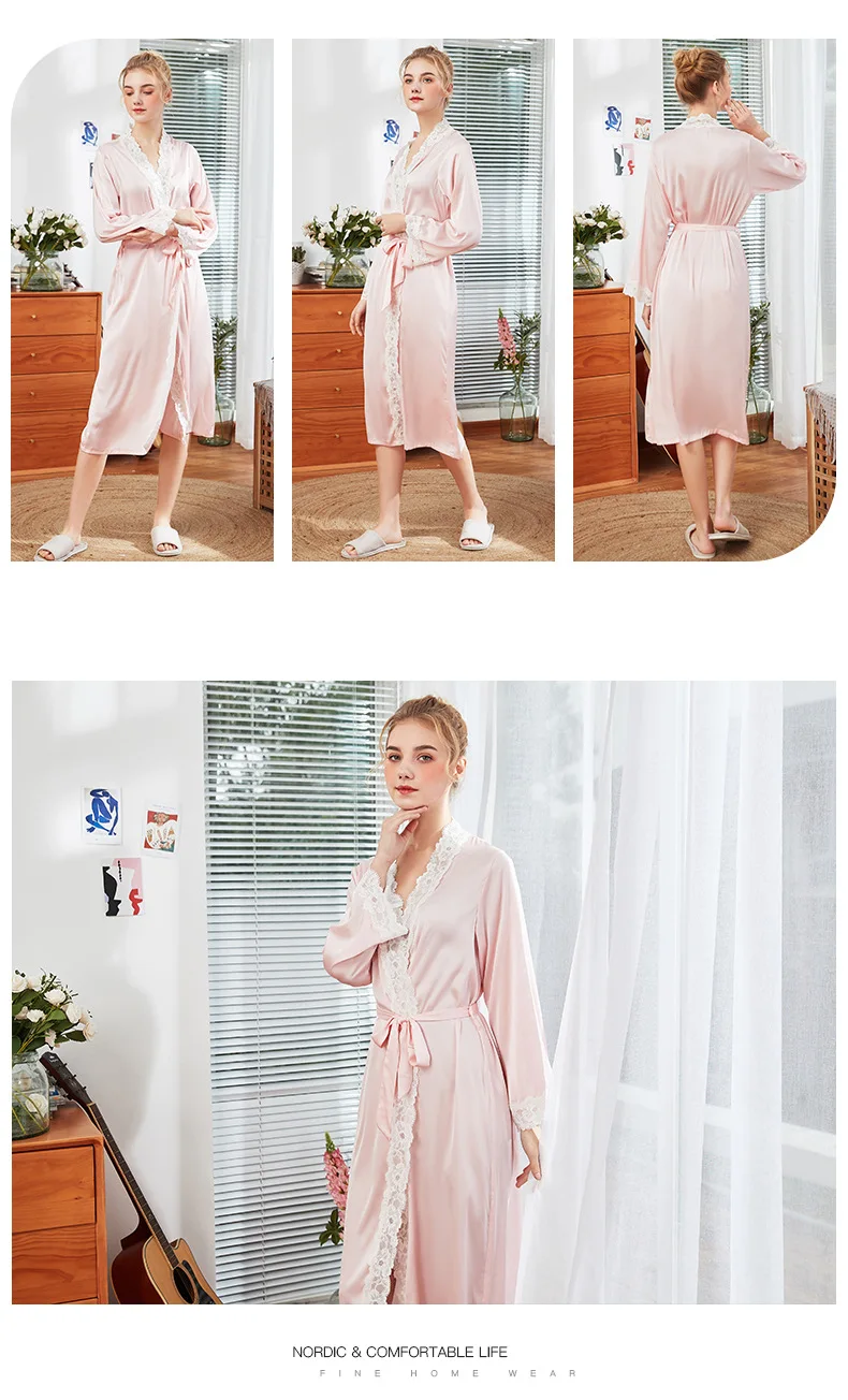 Daeyard модный халат женский Шелковый Весна Лето длинные халаты невесты халат кимоно атласная Сексуальная кружевная отделка пижамы