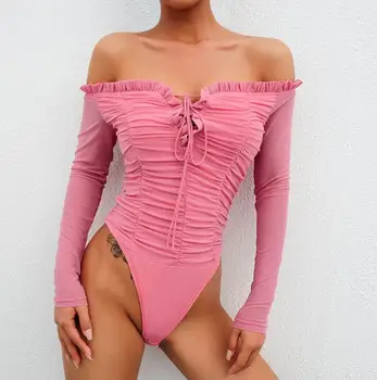 

Women's sexy slash neck pink color Bodysuits Lady's club backless tee fashion chic tops tees Jumpsuits TB525