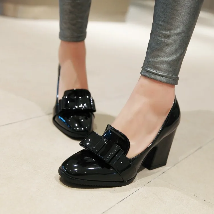 2018 Europe and America All-match Bow Thick Heels Women's Shoes High Heels Patent Leather Black Work Shoes Plus Big Size 42 43