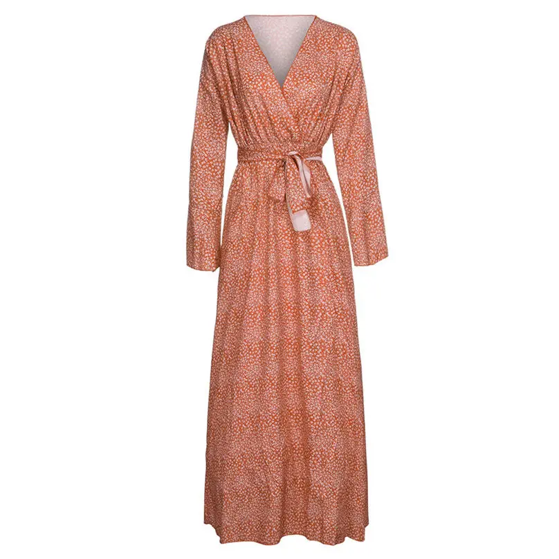 Fashion Women V-Neck Long Dress 2019 Flare Sleeve Elegant Bohemia Floral Print Bow Bandage Maxi Dress Vestidos Plus Size 3Y22 (32)