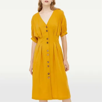 

Women stylish yellow midi dress V neck short sleeve high waist pleated female office wear mid calf dresses vestido