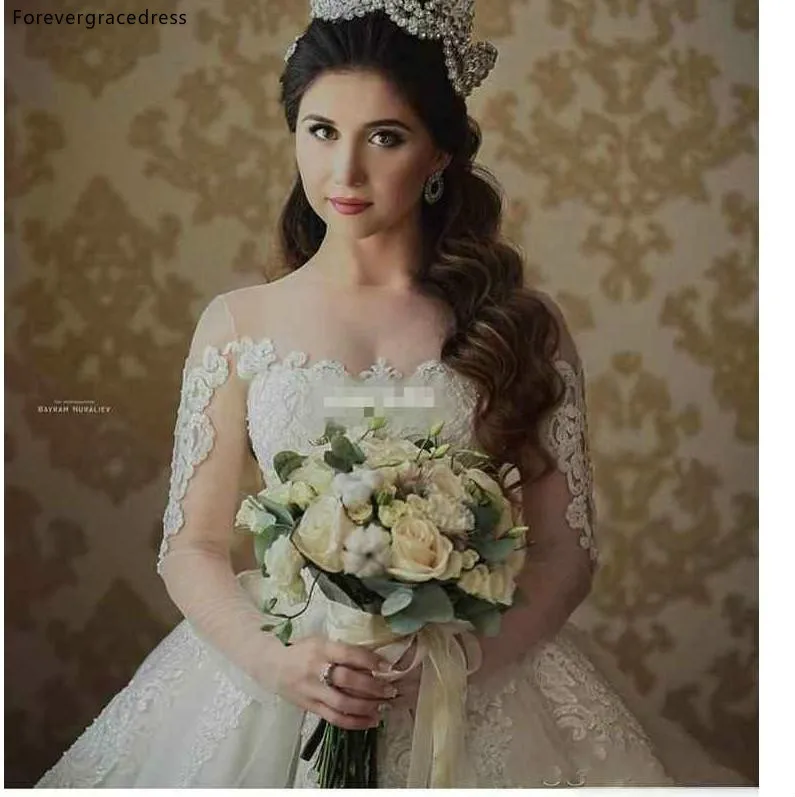 Gorgeous Appliques Lace Ball Gown Wedding Dresses Dubai Arabic Style Vintage Sheer Long Sleeves Long Train Bridal Gowns Formal  208 (5)