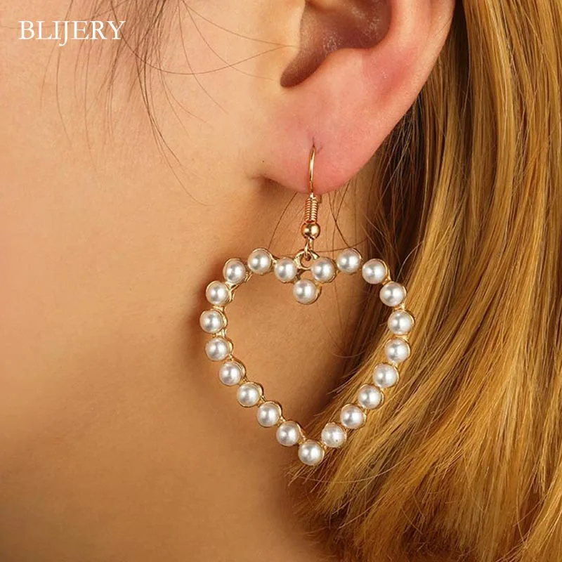 

BLIJERY Elegant Big Statement Earrings for Women Fashion Heart Shape Drop Earrings Gold Color Pearls Hanging Jewelry Brincos
