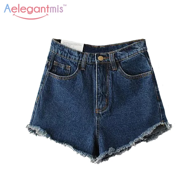 Aelegantmis 2018 Summer Autumn Vintage High Waist Denim Shorts Women Slim Tassel Casual Jeans Shorts Blue Ladies Street Wear