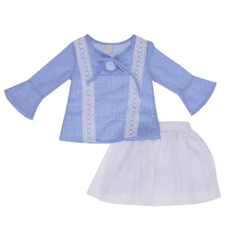 

2pcs Set Fall Korea Style Kids Girls Blue Tops Princess Dress Long Sleeve
