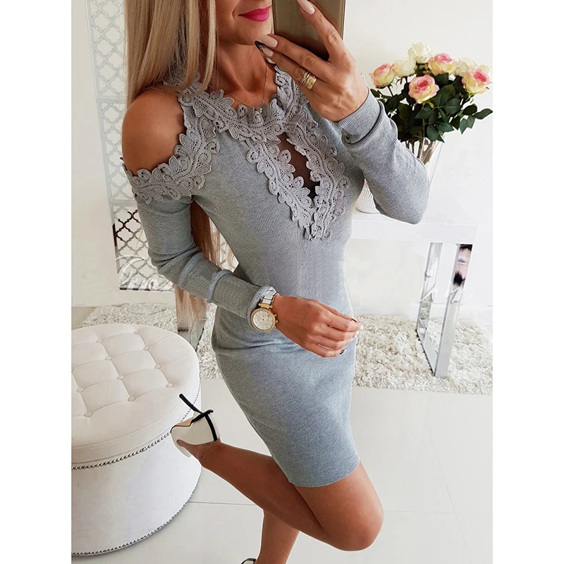 

Sexy Backless Mini Bodycon Dress Women Lace Patchwork Off Shoulder Party Club Dress Solid Elastic Dresses Vestidos SJ1866M