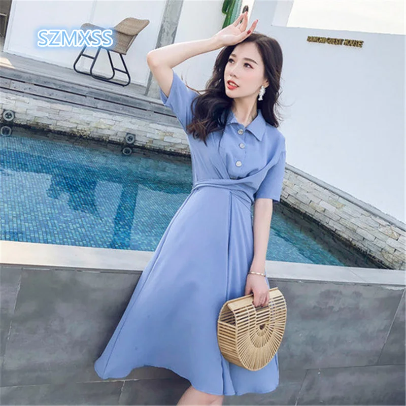 

SZMXSS 2018 summer womens dress fashion sexy new short sleeved lapel High waist bodycon dress blue beach dresses elegant vestido