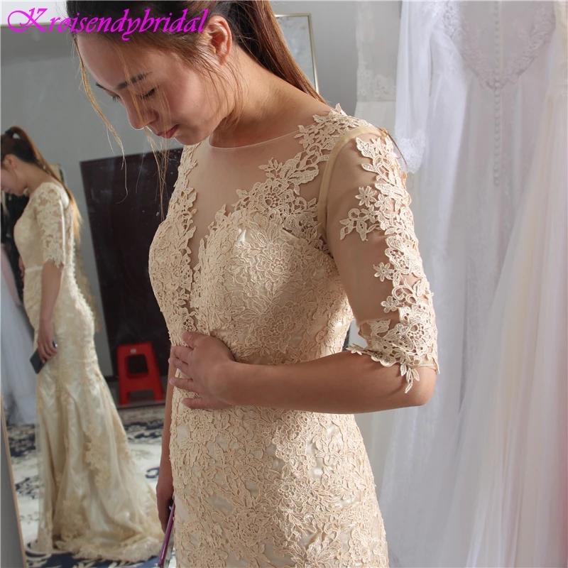 

HSQ012 Sexy V Back Half Sleeves Evening Dresses Sheath Mermaid Champagne Color Venice Lace Evening Gowns Prom 2019 Long Elegant