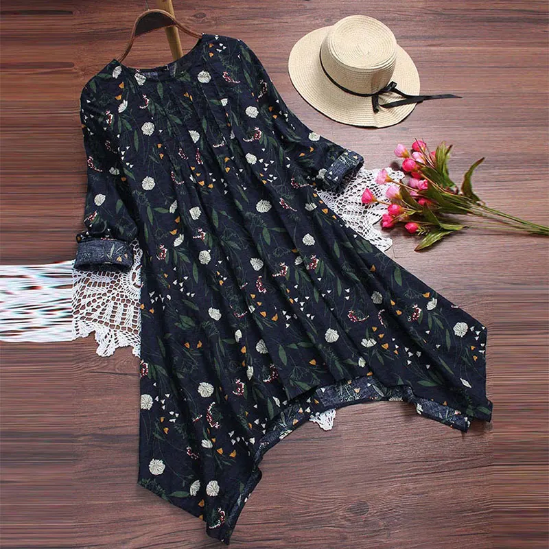 

Women's Plus Size Autumn Shirts 2018 New Fashion Female Blouse Ladies Vintage Linen Floral Print Irregular Hem Long Tops Clothes