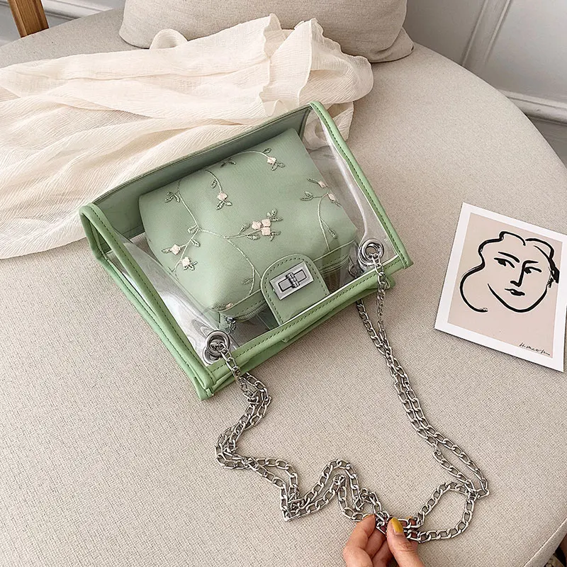 

the Japanese style lady bag 2019 chain inclined small square Bag Fashion 100 sets transparent jelly single shoulder bag