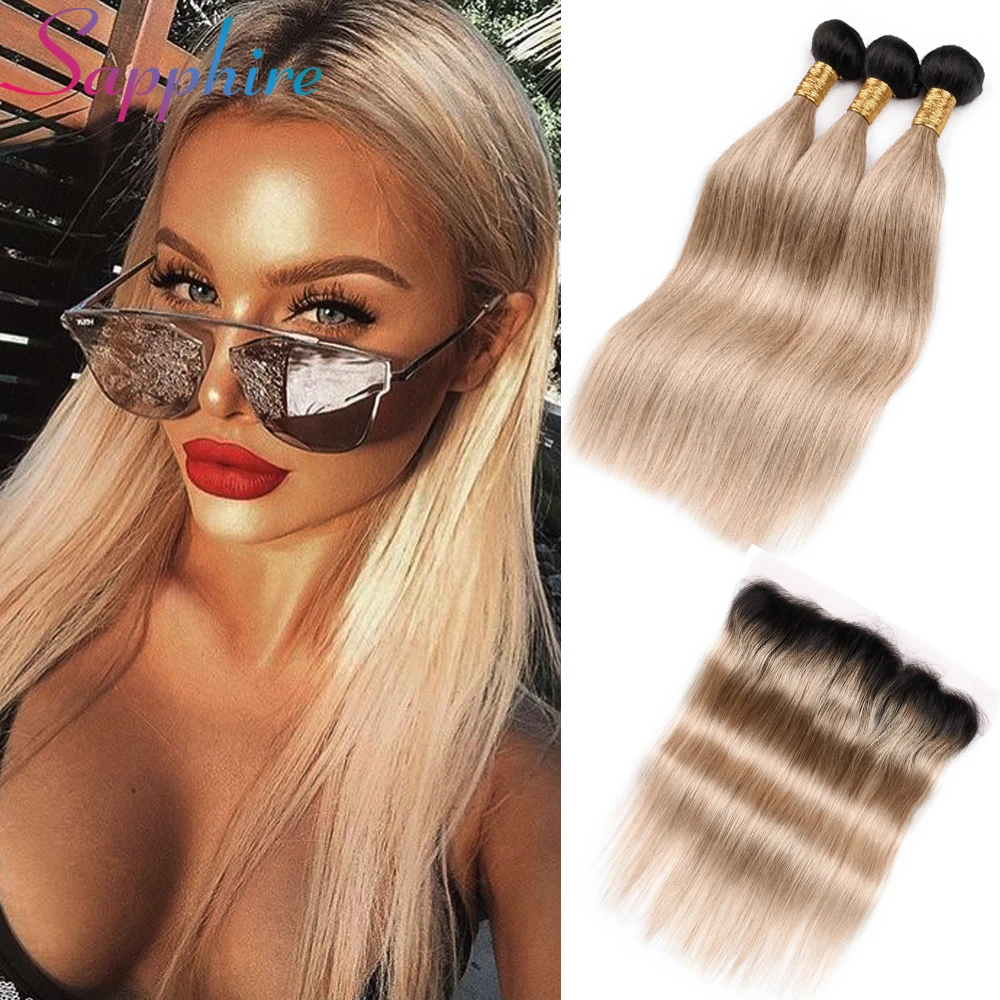 Sapphire Hair T1b/27 Ombre Hair Bundles With Frontal Brazilian Straight ...