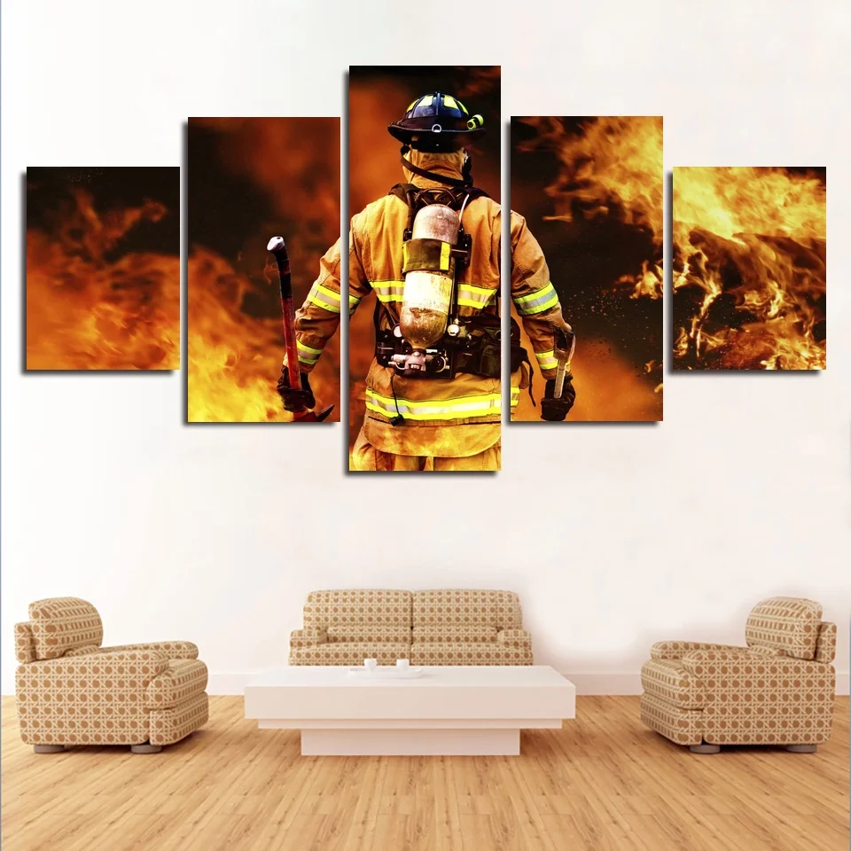 5 шт. современный Шелковые Плакаты Пожарная служба стены Книги по искусству пожарный борьба принты