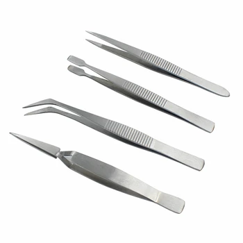

THGS 4Pcs/Set Precision Tweezers Stainless Steel Thick Electronics Forceps Eyebrow Tweezers Anti-Skid Makeup Repair Multi Tool