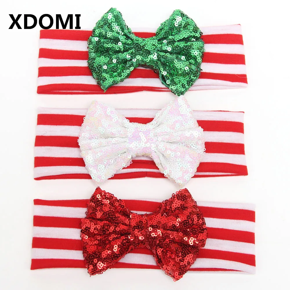 

5pcs/lot New Design Children Christmas Headband Girls And Kinds Big Messy Sequin Bow Striped Hairband Christmas Hair Accessories