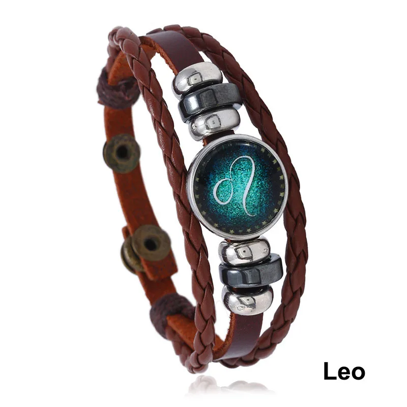 Натуральная кожа плетеные знаки браслет со знаком зодиака 12 созвездий браслет для мужчин и женщин пара ювелирные изделия, браслеты в подарок - Окраска металла: Leo