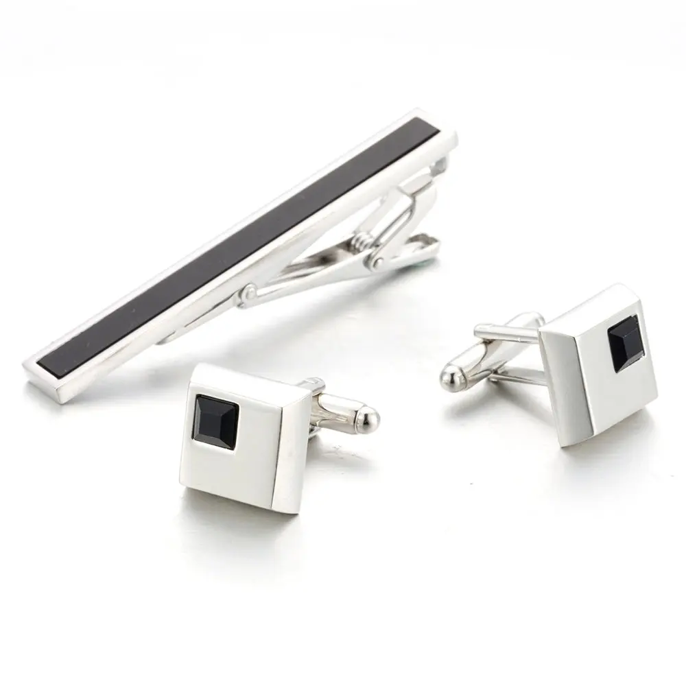 

2018 New Style Fashion Black Acrylic Cufflink Set Square Silver- color Crystal Men's necktie clip Set French Shirt Cufflink 87