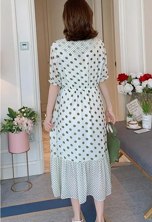 Pregnant Women Summer Chiffon Breastfeeding Dress Short Sleeve Ruffles Collar Empire Dress Maternity Polka Dot Nursing Dress