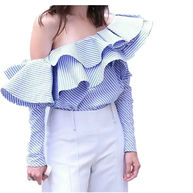 Shirt 2017 Lente Casual Een Schouder Ruches Blouse Shirt Vrouwen Nieuwe Blauw Gestreepte Schouder Elegante Vrouw Shirt Lange Mouw Tops
