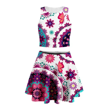 

3d Print women geometric Retro Floral tank top with short skirt high quality Bohemia Short Skirt Cheerlead Dancing suits-30