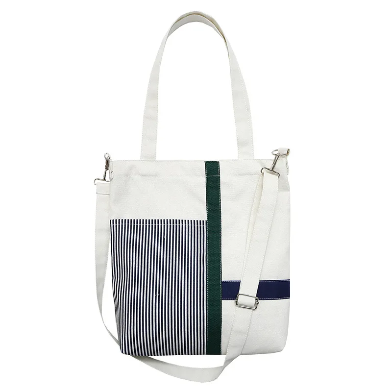 

KANDRA Reusable Canvas Tote Bag for Shopping Stripped Patchwork Fabric Durable Grocery Shoulder Bag Light Roomy Linen Tote Bag