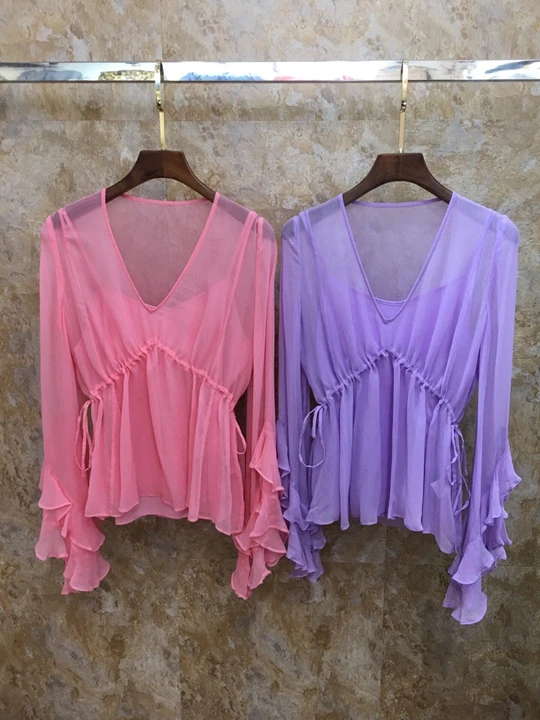 Высококачественная брендовая шелковая блузка Рубашки летние модные розовые фиолетовые блузки женские с v-образным вырезом на талии повседневные топы рубашки