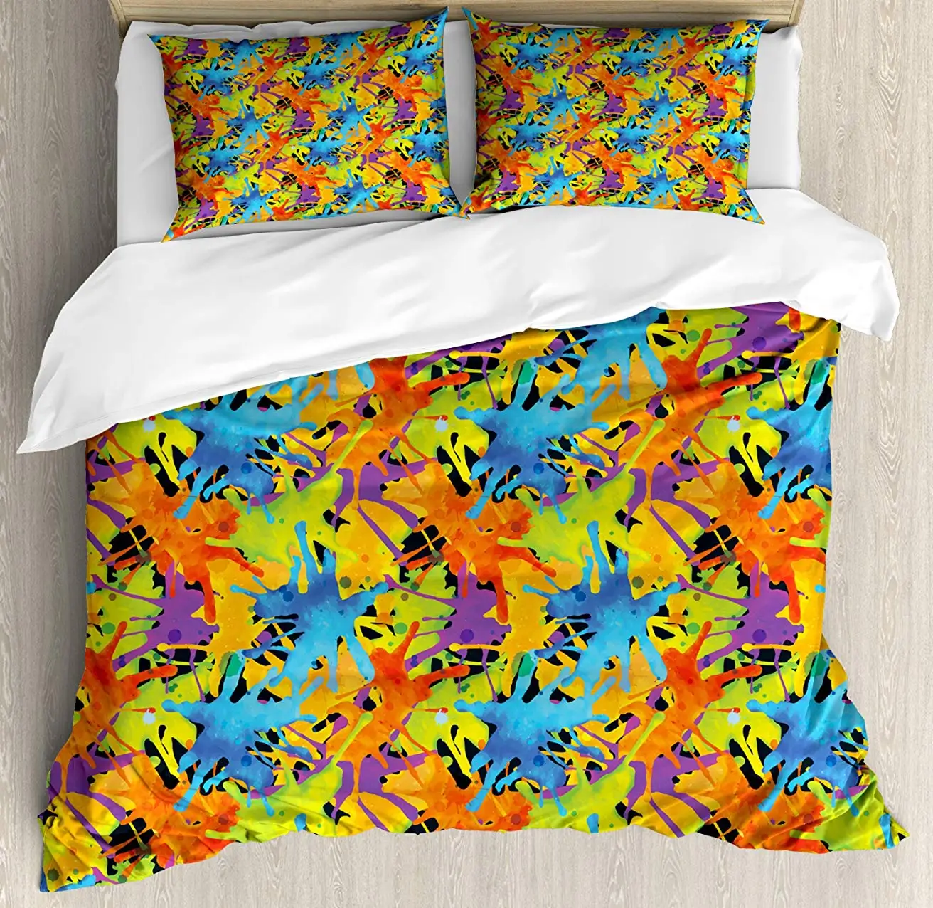 

Abstract Duvet Cover Set, Contemporary Style Color Splashes Vibrant Trippy Watercolor Palette Artisan Funky 3 Piece Bedding Set