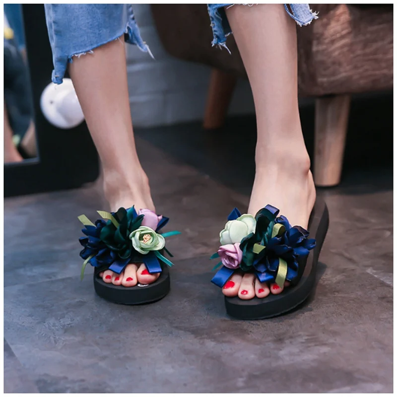 SUOJIALUN/ г.; Летняя женская обувь; женские Вьетнамки с цветочным принтом; шлепанцы; сандалии для улицы; Mujer; пляжные шлепанцы на низкой платформе; сандалии - Цвет: Синий