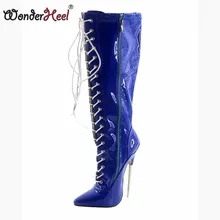 Wonderheel/18 см/" каблуке ультравысокий каблук с острым носком синие лакированные кожаные сапоги до колена высокие сапоги пикантные Фетиш Металл Ботинки на каблуке