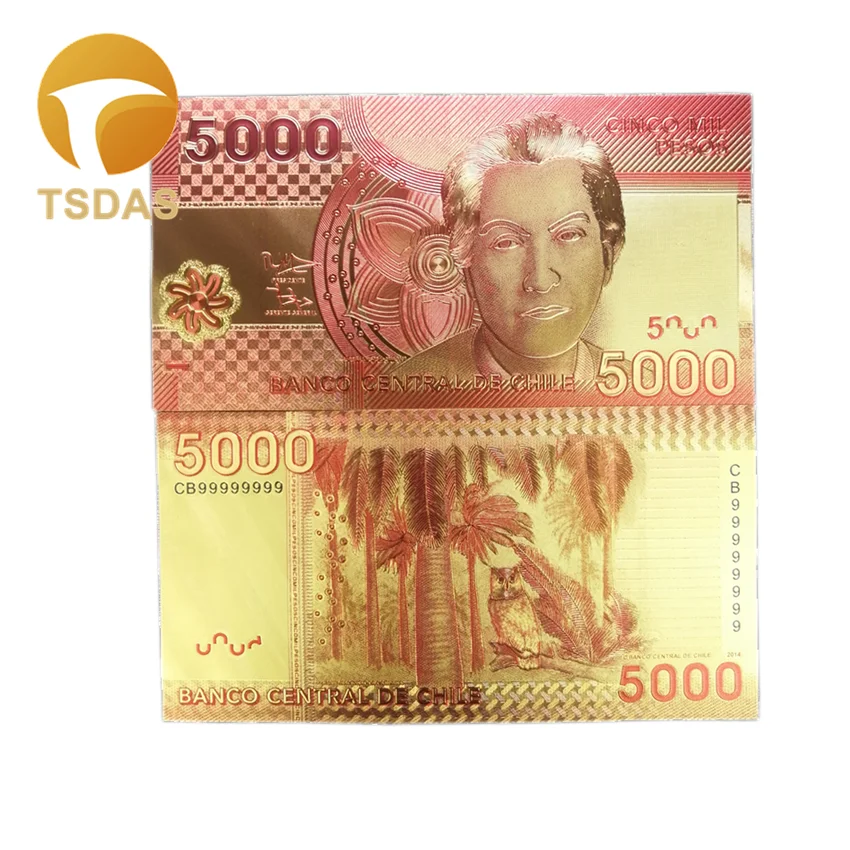 

Chile Colored 24K Gold Foil Banknote 5000 Pesos for Gold Foil Banknote 10pcs/lot Collection