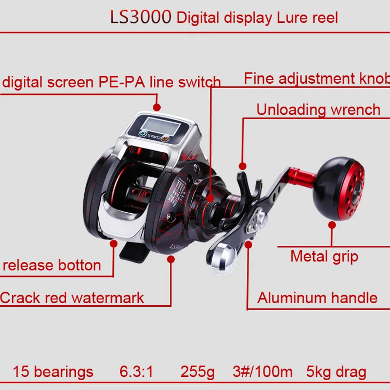 Carretel de Pesca Carretel de Metal Roda de Água Yuyu Baitcasting Carretel Contador Medidor 6.3: 1 Digital Completo Salgada Trolling Bobina Arrastar 5kg no 6 Esporte e Lazer