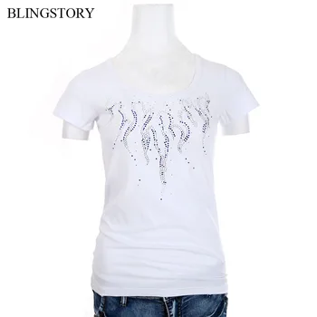 

BLINGSTORY High Quality Women's V-Neck Fashion Diamonds T-shirts Plus Size Flower Bead Tops Tee S-6XL Dropshipping LP520T039A