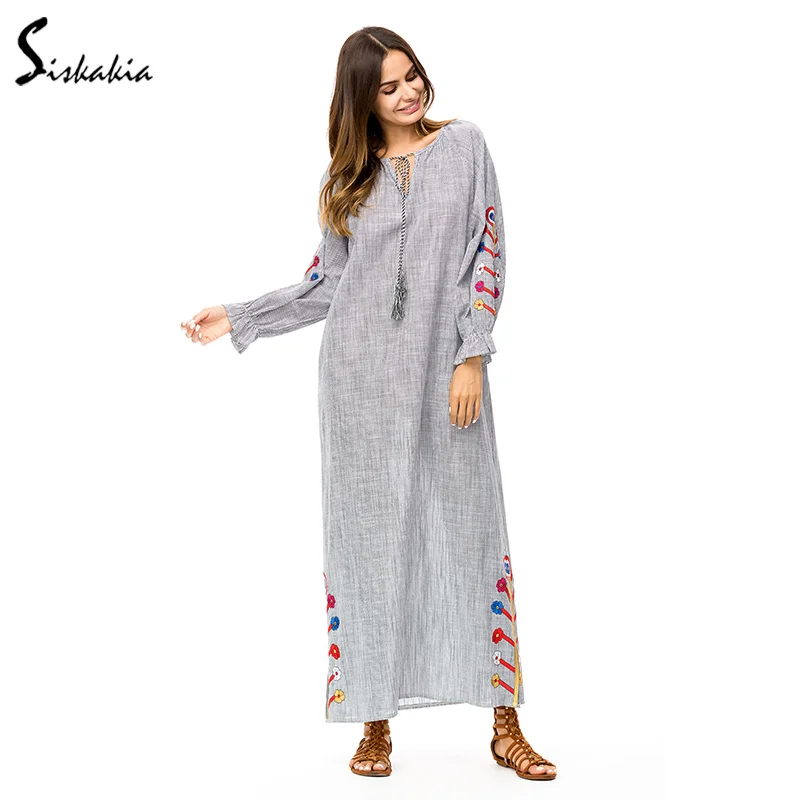 

Siskakia loose straight pencil dress Ankle-Length Floral Embroidery maxi dresses Fall 2018 large size women long dress Grey 4XL