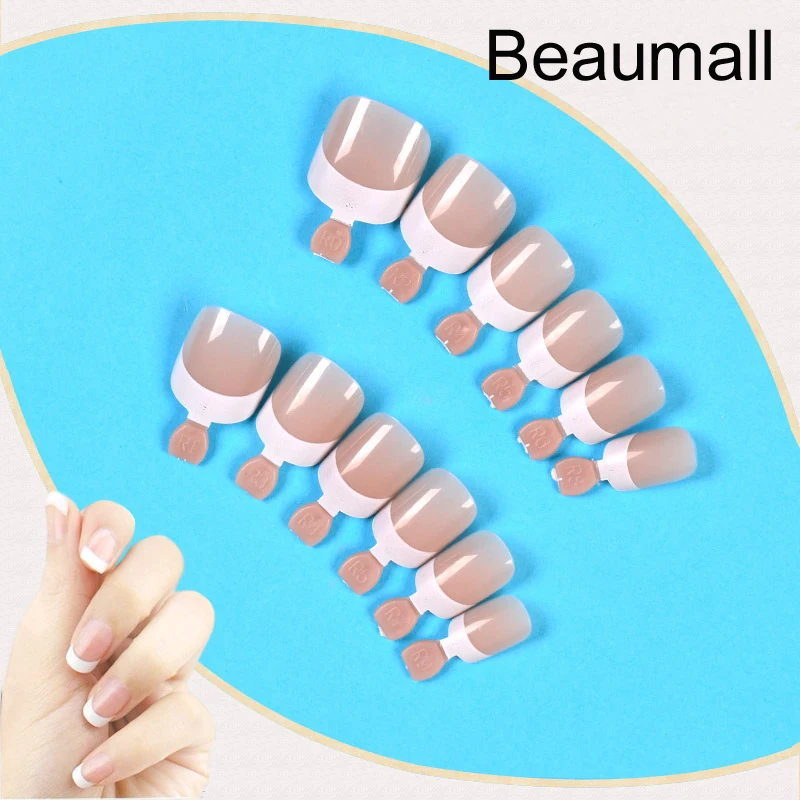 12pcs/set With 2g Glue Short Pre Design Coffee Color Full Cover False Acrylic Nails With French