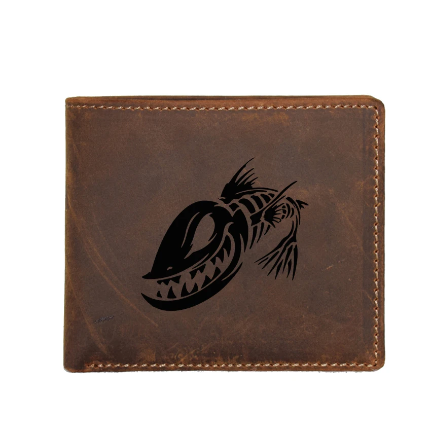 

Genuine Leather Vintage Men Short Wallet Multi Card Holders Small Coin Purse Fish Skeleton Skull Fishing Monster Men Wallets