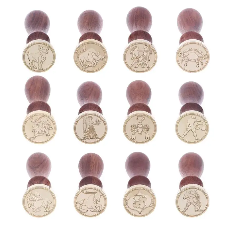 

12 Constellation Wood Handle Sealing Wax Stamps Retro Stamp for Envelope Paper Card Decorative Craft Gifts