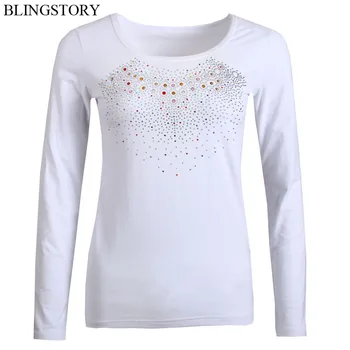 

BLINGSTORY Vintage Diamond O-neck Autumn Women's Long Sleeve Lady Tops Plus Size Cotton T Shirt S-6XL