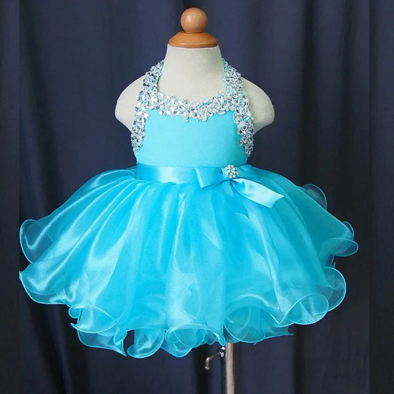 Buy Halter Blue Organza Ruffle Flower Girl Dresses For