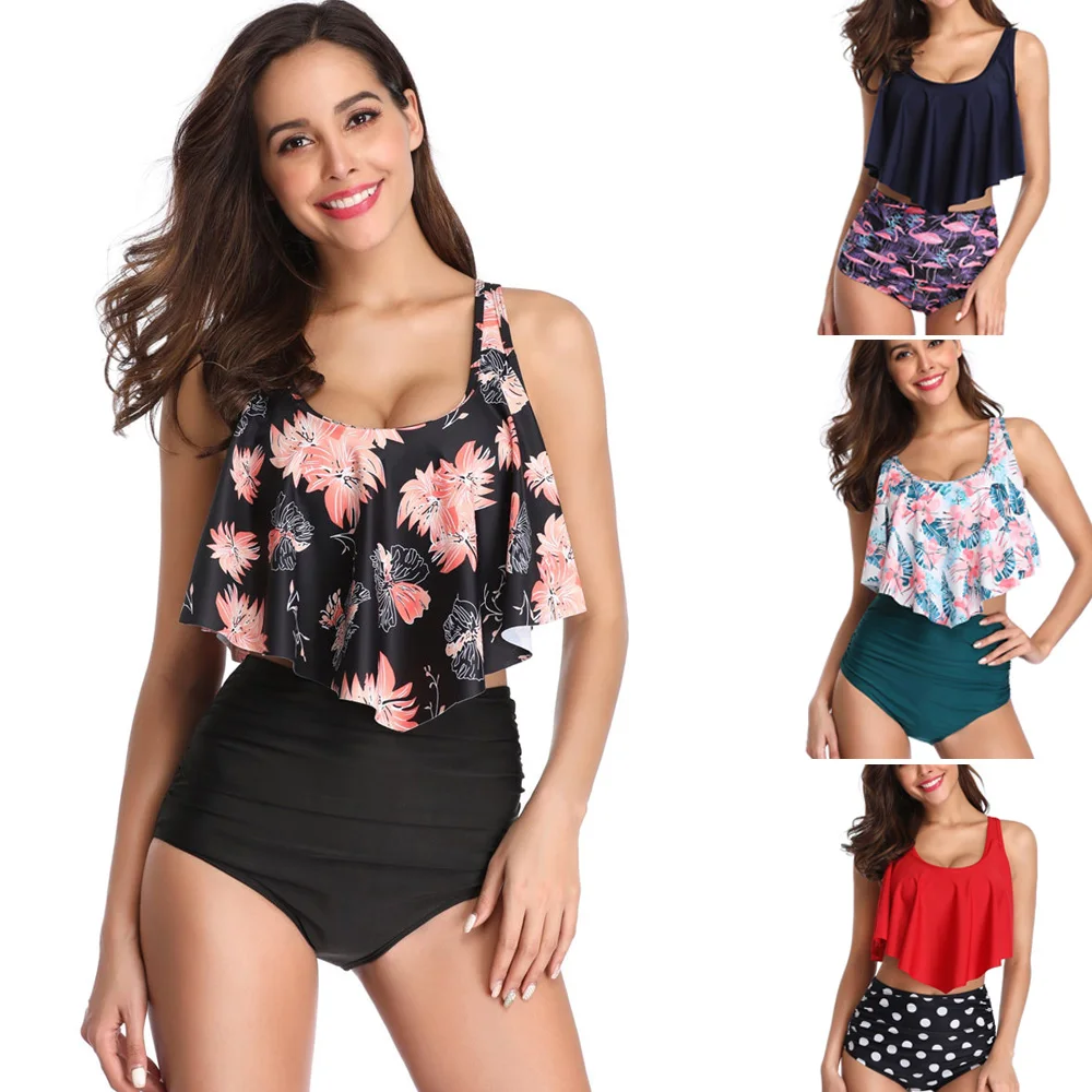 

High Waist Bikini Women Floral Print Swimwear Plus Size Swimsuit Ruffle Biquini Crop Top Bikinis Pleated Bathing Suit 2XL Beach