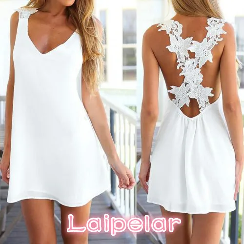 

2018 Hot Sale Women Sexy V Neck Backless Lace Crochet Chiffon Summer Beach Mini Dress Vestidos Laipelar