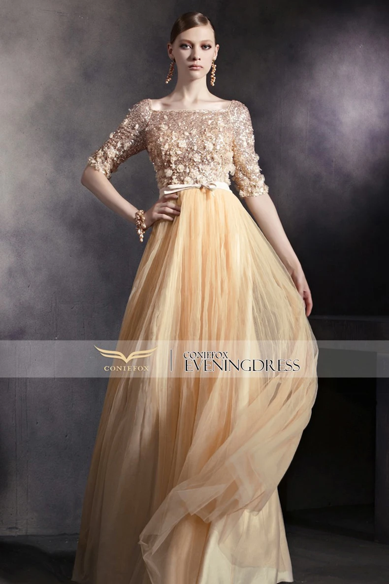 

free shipping cheap 2014 new fashion sleeves pearl paillette vestido de festa longo champagne long Formal gown evening Dresses