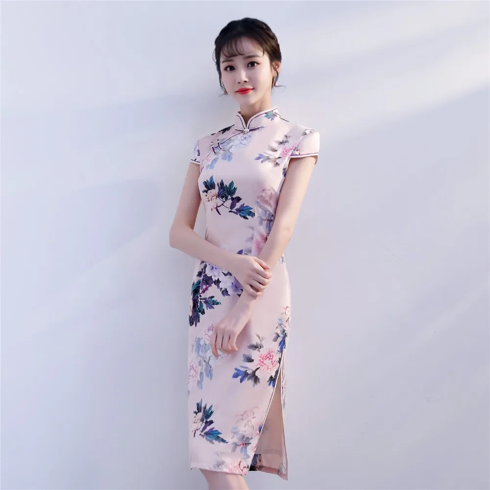 Шанхай история длиной до колена китайское традиционное платье из искусственного шелка платье Ципао с коротким рукавом Qipao для женщин