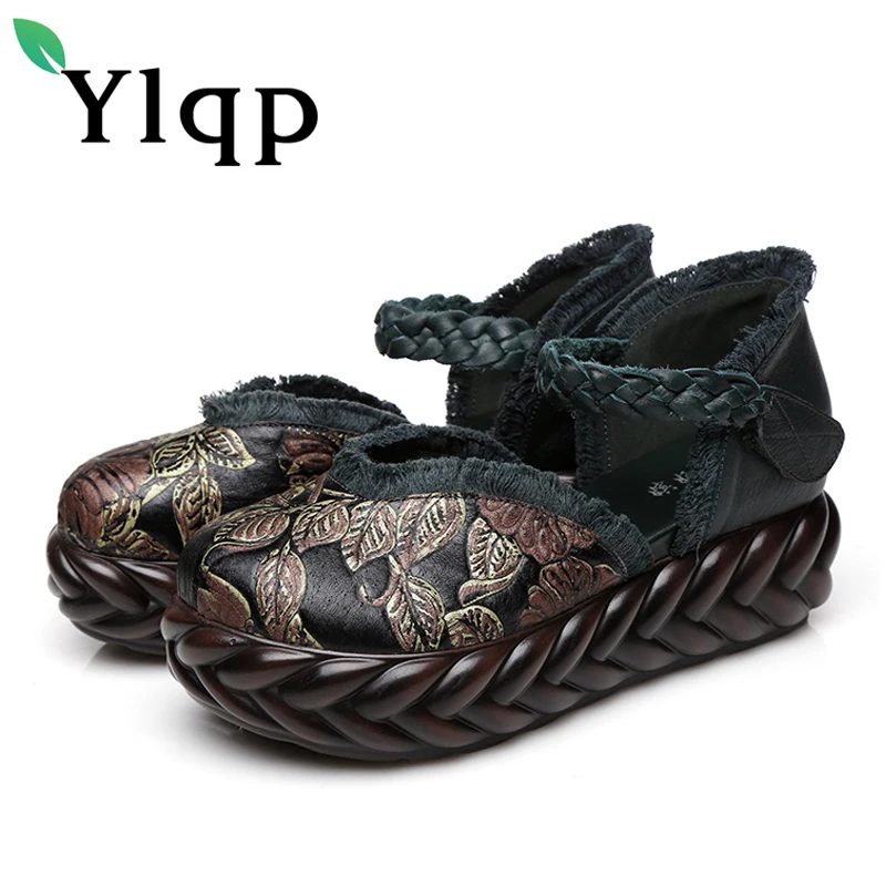 

Gykaeo 2019 Summer National Style Embroidered Flower Slope Women Pumps Female Med Heels Genuine Leather Breathe Shoes Zapatos