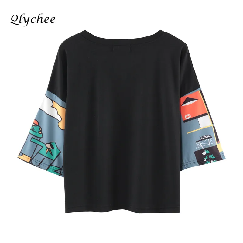 Qlychee Fashion Streetwear Patchwork Print T shirt Women Three Quarter Sleeve O Neck Harajuku Lady Top Tee Spring T-shirt Female