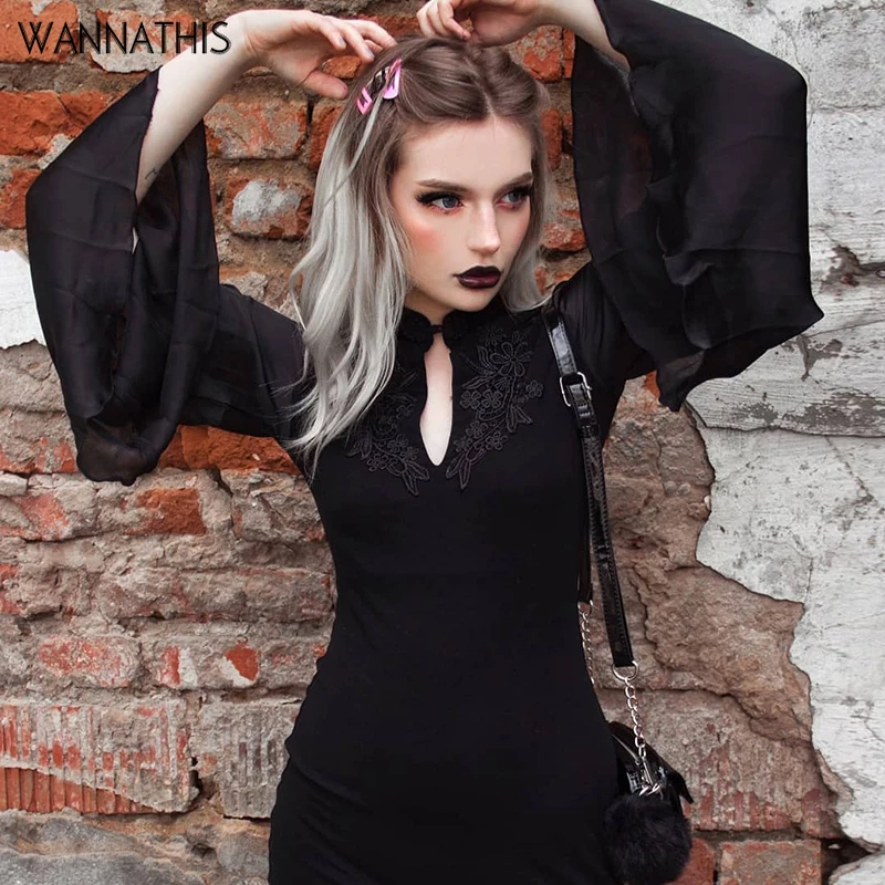 

WannaThis Black Gothic Dress Women Punk Style Sexy Casual Embroidery Chinese Style Long Sleeve Flare Chiffon Bodycon Slim Dress