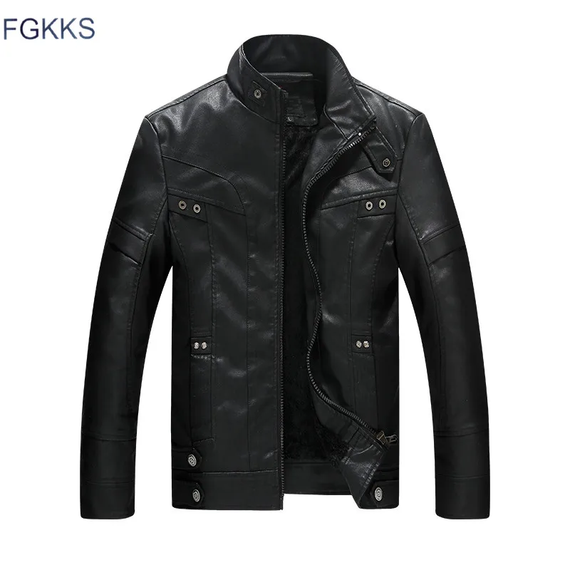 

FGKKS Leather Jacket Men Stand Collar Brand New Men's leather PU Jackets + Locomotive style Men's Slim Fit Leather Male Clothing