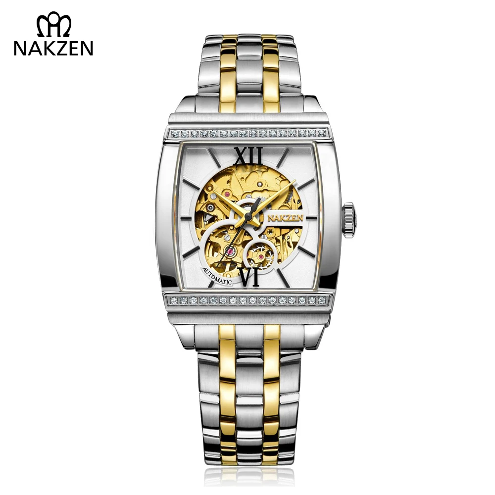 

NAKZEN Men Rectangle Skeleton Automatic Watch Man Full Steel Waterproof 50M Mechanical Watch Male Tourbillon Clock Mekanik Saat
