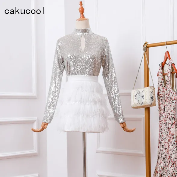 Cakucool/новые женские серебряные Топы с длинным рукавом со стразами белая юбка