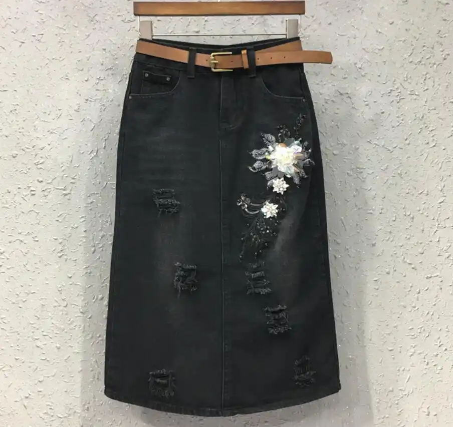 black ripped denim skirt plus size