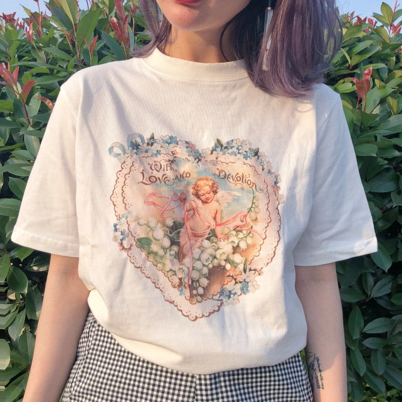

White restoring ancient ways is a French girl heart angel love cotton T-shirt fashion personality pure fresh temperament XN-T7