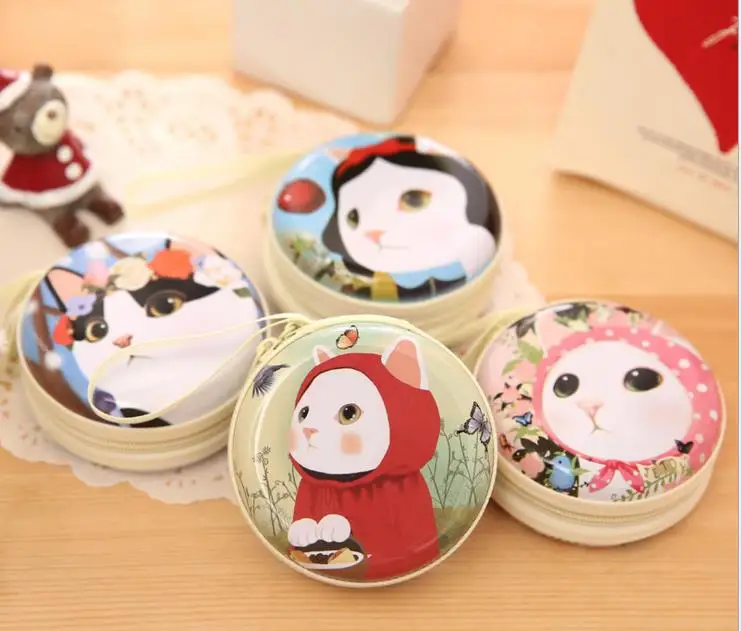 

mini  round tin box  coin purse Cartoon printing cat  zipper metal  coin collection  headphones case